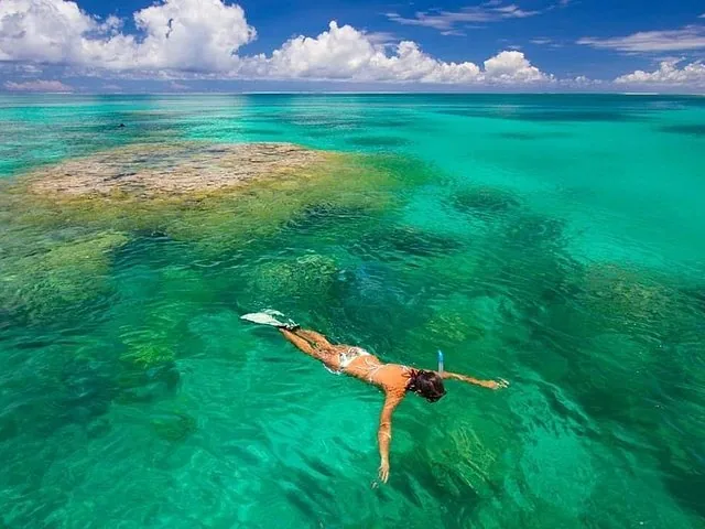 A person snorkeling in expansive, clear turquoise water over a coral reef.