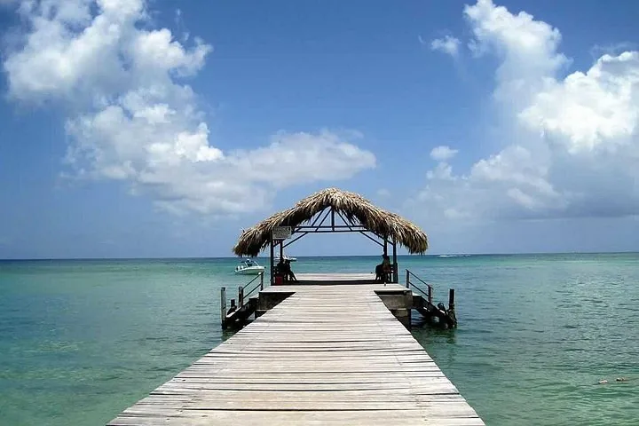 A wooden pier extending into calm turquoise water under a blue sky.